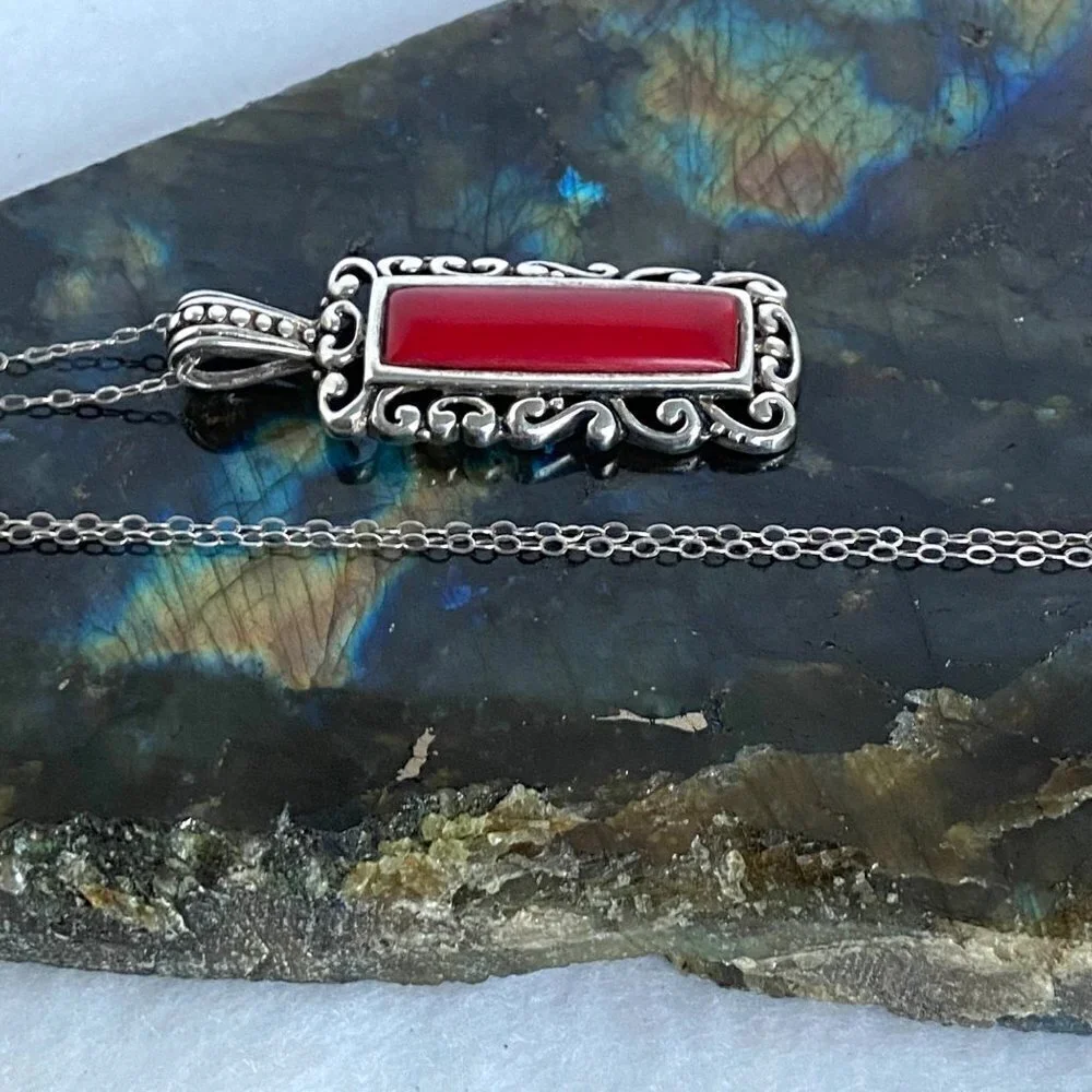 Sterling Silver 925 Faux Red Coral Rectangular Scrollwork Pendant Necklace 20